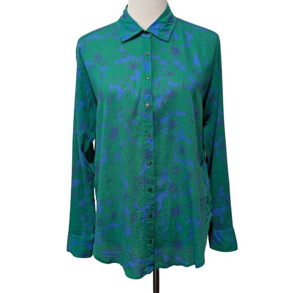 Xirena Womens Size XS Beau Ibiza Blue Green Floral Button Cotton L/S Blouse Top - Picture 2 of 10